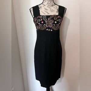 Giorgio Fiorlini Vintage Linen Blend Embroidered Sheath Dress Black Floral 7/8